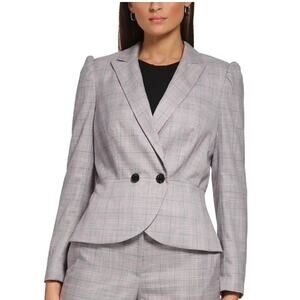 DKNY Plaid Puff Sleeve Peplum Jacket Blazer Size 10 Petite Gray Pink